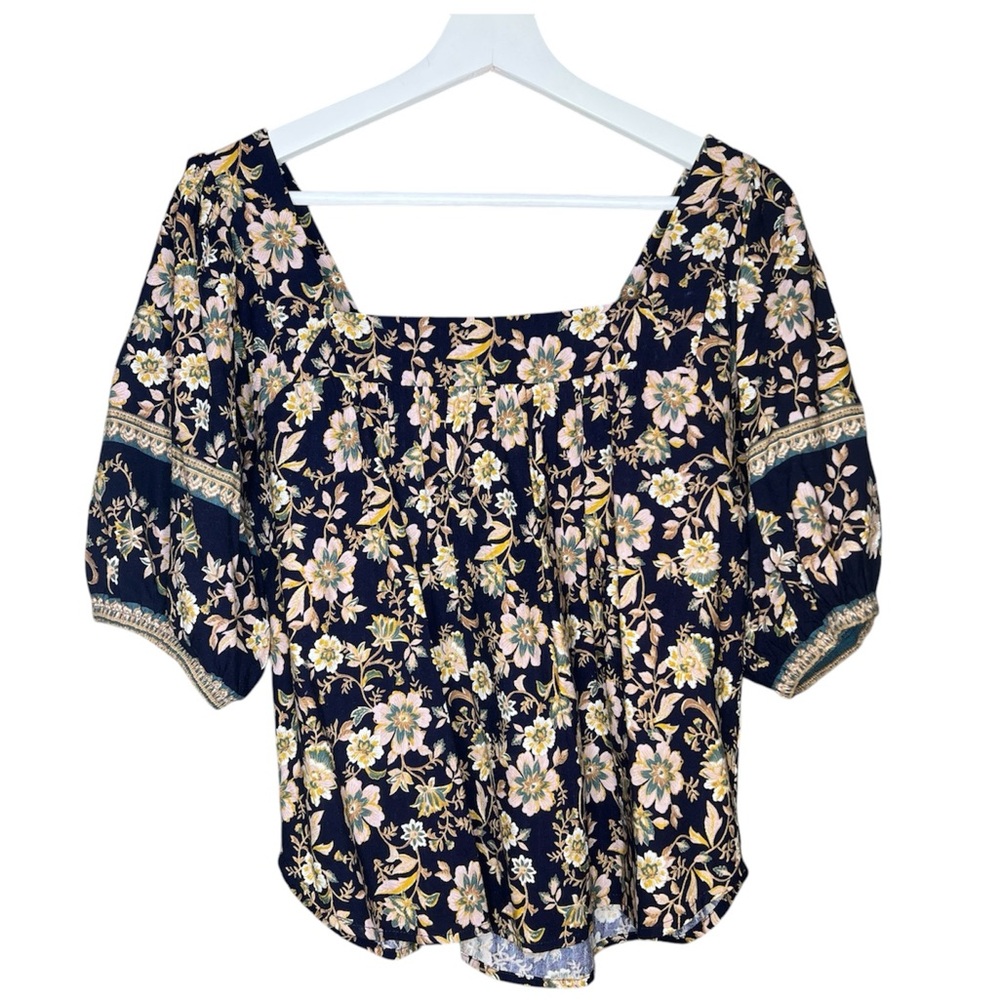 Roan + Ryan Evereve Puff Sleeve Boho Floral Peasant Blouse Navy Cotton Small